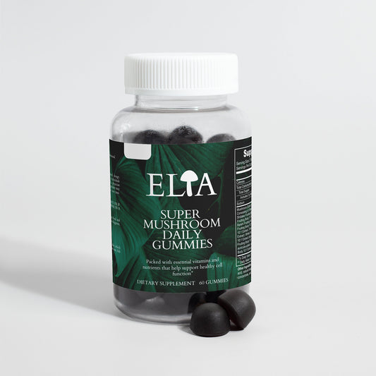 ELIA Super Mushroom Daily Gummies bottle with a serving of two gummies.